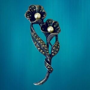 Vintage Sterling Silver Marcasites Flower Brooch Signed CN